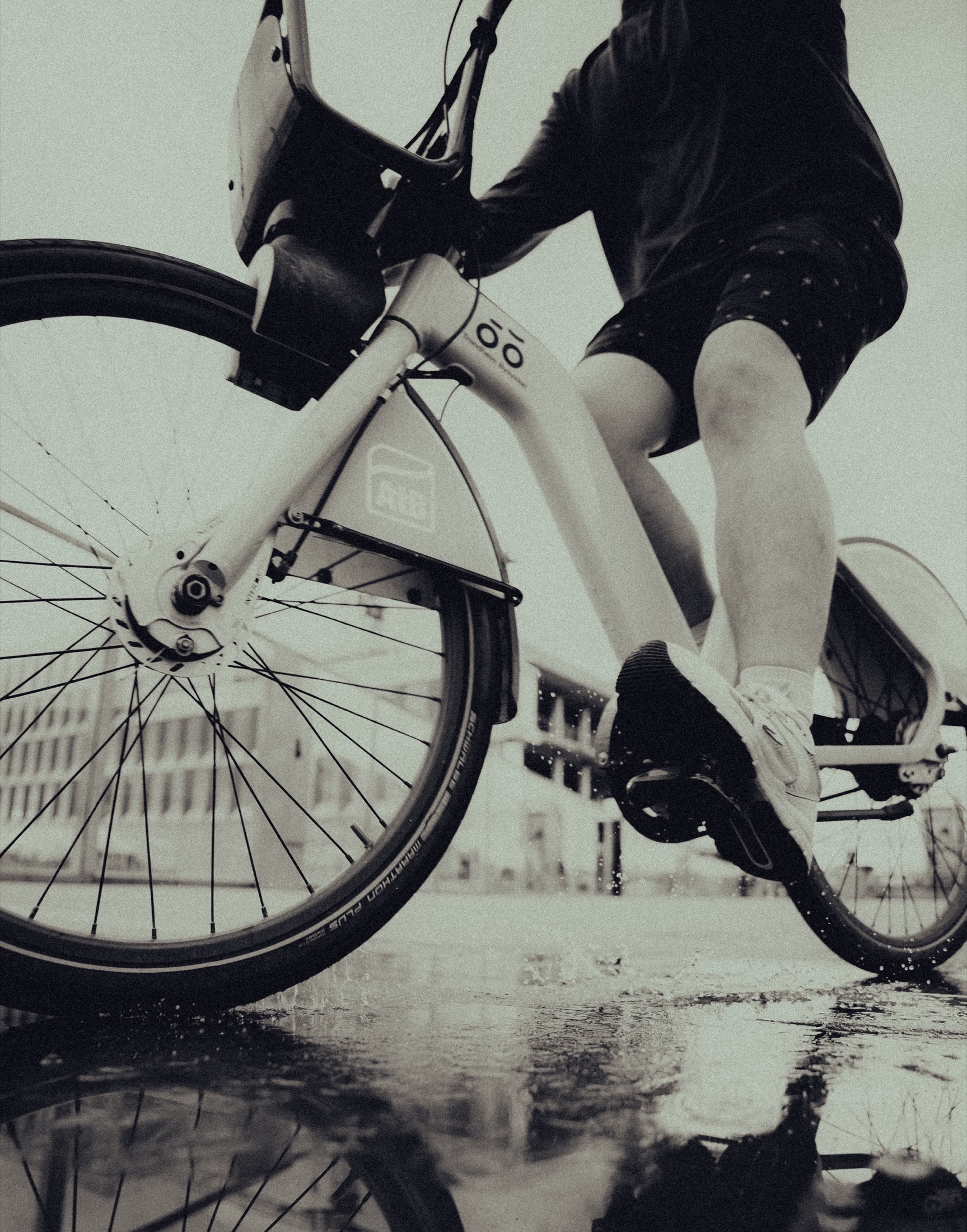 Close view of a cyclist and bicycle frame