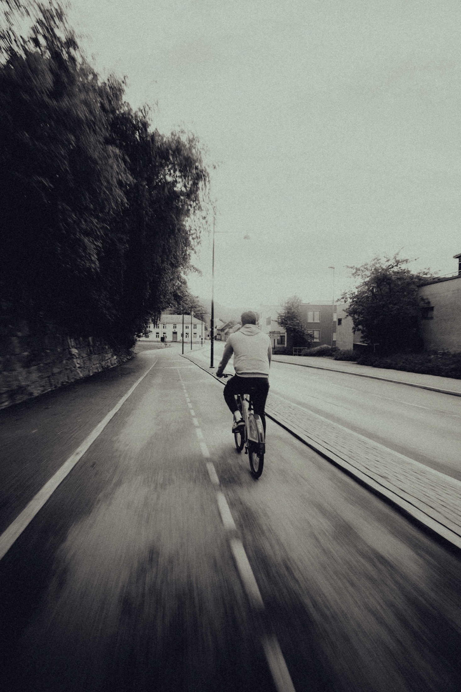 Cyclist riding alone down an open road